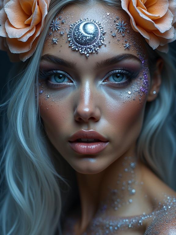 Artistic portrait of a woman showcasing avant-garde makeup in a surreal style. Woman has silver eyes with rhinestones. Hair has silver waves and amber flowers. Features glowing skin and metallic lips. High-contrast lighting highlights the glamour. Focus on beauty and fashion elements.