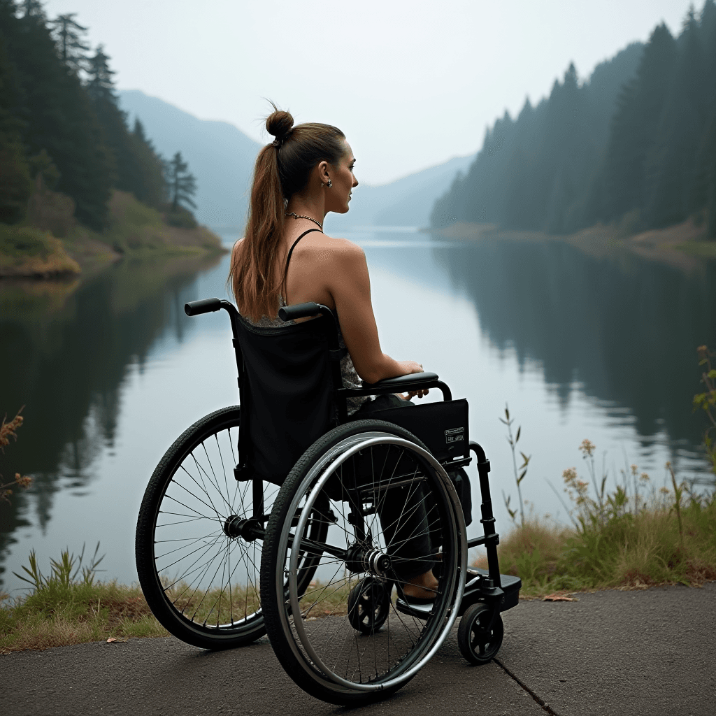 A person in a wheelchair gazing at a tranquil lake surrounded by forested hills.