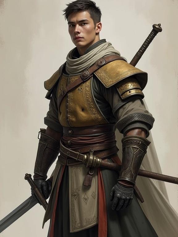 Stoic and disciplined warrior named Serios stands tall. He appears in his early 20s, wearing elegant layered cloth armor inspired by traditional Chinese martial attire. Armor is reinforced with silk padding and inner plating. Character displays strong presence with a serious demeanor. He possesses deep compassion hidden behind his calm exterior. Sword at his side indicates expert fighting skills. Lighting highlights the details of the armor and face.