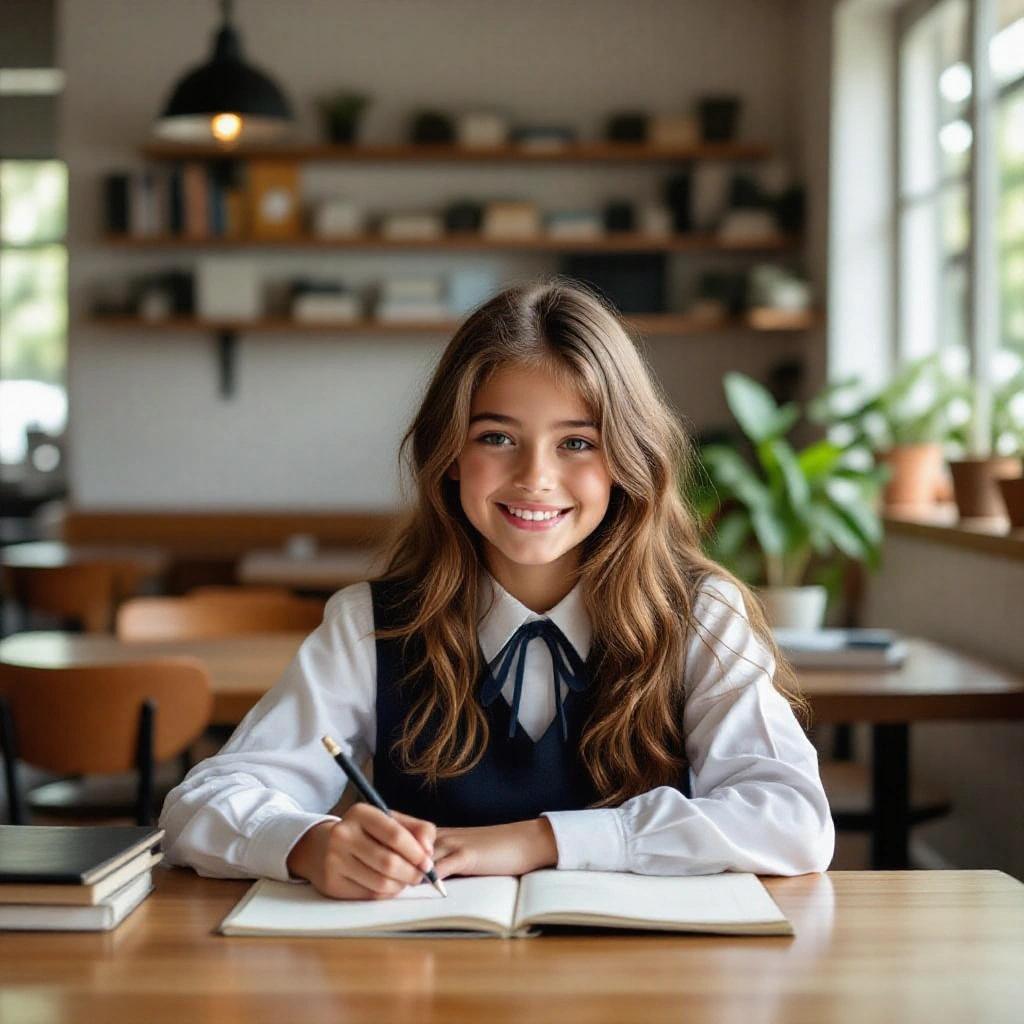 A schoolgirl aged 11 smiling while writing in a notebook. Interior of a café is visible in the background with shelves and plants. Warm ambiance from natural light coming in through the windows.