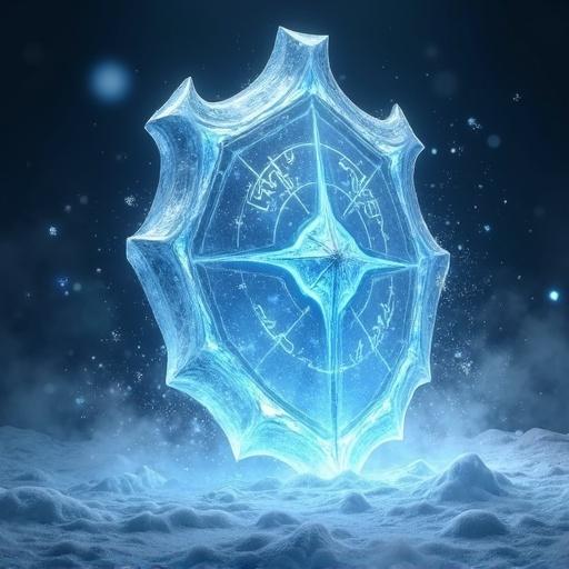 Magical ice shield spell in action. Crystalline barrier of sharp ice shards forms protective shell around caster. Ice is pure and translucent with icy blue and white hues. Glowing magical runes and frost patterns visible. Shield curves around like armor with jagged edges. Cold mist and snowflakes swirl. Ground lightly frosted. Dark background to highlight glowing ice. Fantasy art style, high detail, dramatic cool tones.