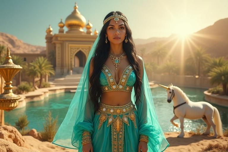 Fantasy-themed scene during the day. Tall Arabian princess in turquoise Arabian outfit. Ornate gold embroidery and sequins. Black hair flowing. Jeweled headpiece glimmers. Surrounded by magical landscape. Golden lamp on pedestal. Majestic temple behind. Diamond bridge connects foreground. White magical horse at the waterfall. Crystal-clear lake under blue sky. Unicorn by green grassland. Floating flying carpet in background. Golden light beams through desert mist. Confident expression of princess. Sharp, cinematic composition with rich fantasy elements.