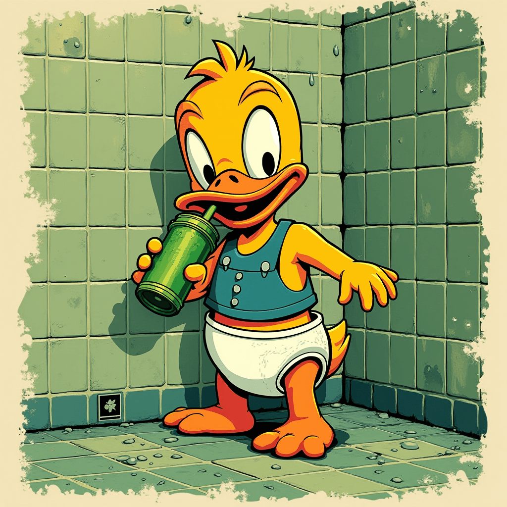 A cheerful cartoon duck wearing a blue outfit is drinking from a green cup with a straw in a tiled room.