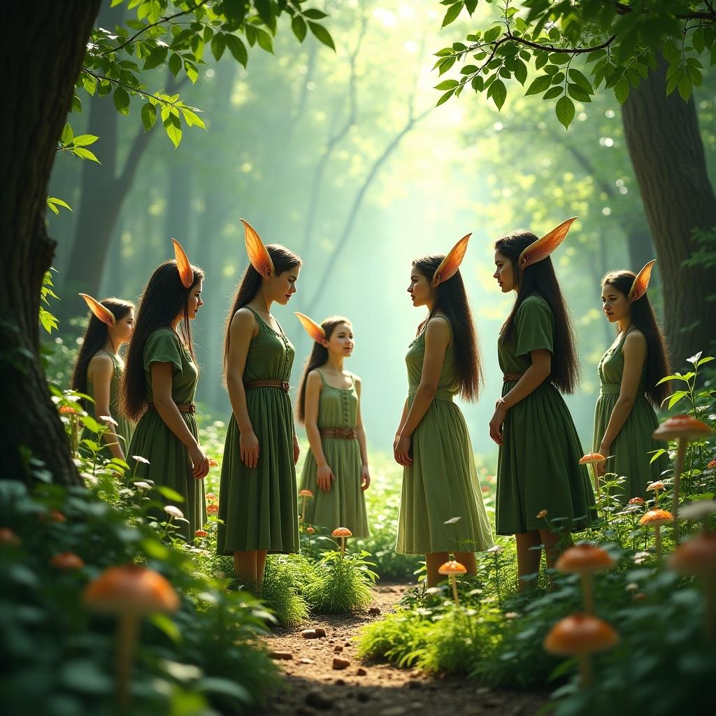 Group of elf-like figures in green dresses gathering in a sunny forest. Soft sunlight illuminates the scene. Mushroom caps are visible in the foreground.