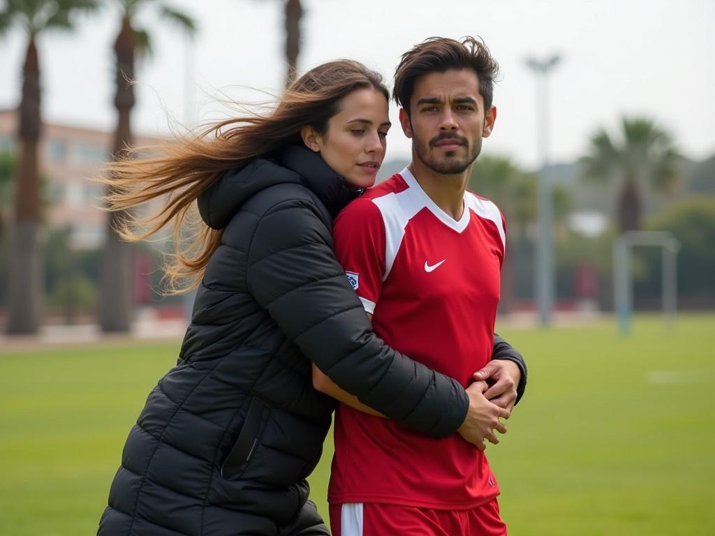 In this image, a young man dressed in a red and white soccer uniform is being held in an upright position by a woman wearing a long black puffer coat. The scene takes place on a grassy soccer field with palm trees in the background, suggesting a warm climate. The soccer player looks relaxed, leaning back slightly while being supported by the woman. She has her hair down, which is blown by the wind. The focus of the image is on their casual interaction in a sporty atmosphere.