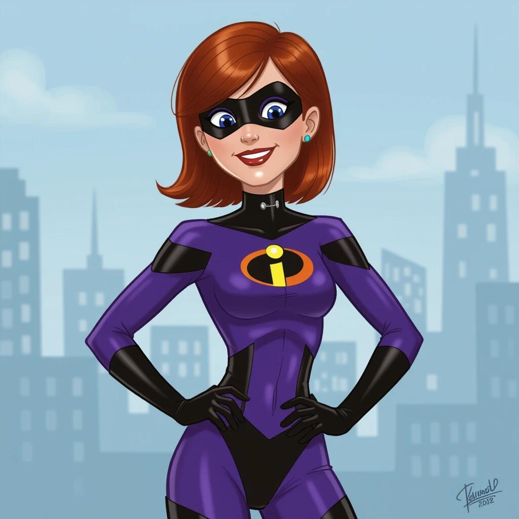 Violet Parr from The Incredibles depicted in superhero suit. Character has vibrant hair and confident pose. Animated background features urban skyline.