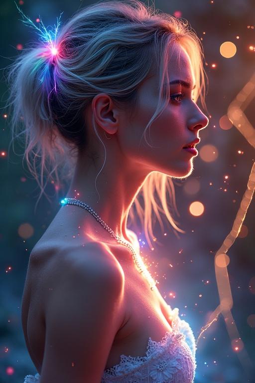 A young woman with bare shoulders is viewed from the side. She has glowing sparks and lightning around her. The art style is fantasy with a fusion of rainbow colors. The scene has a magical atmosphere.