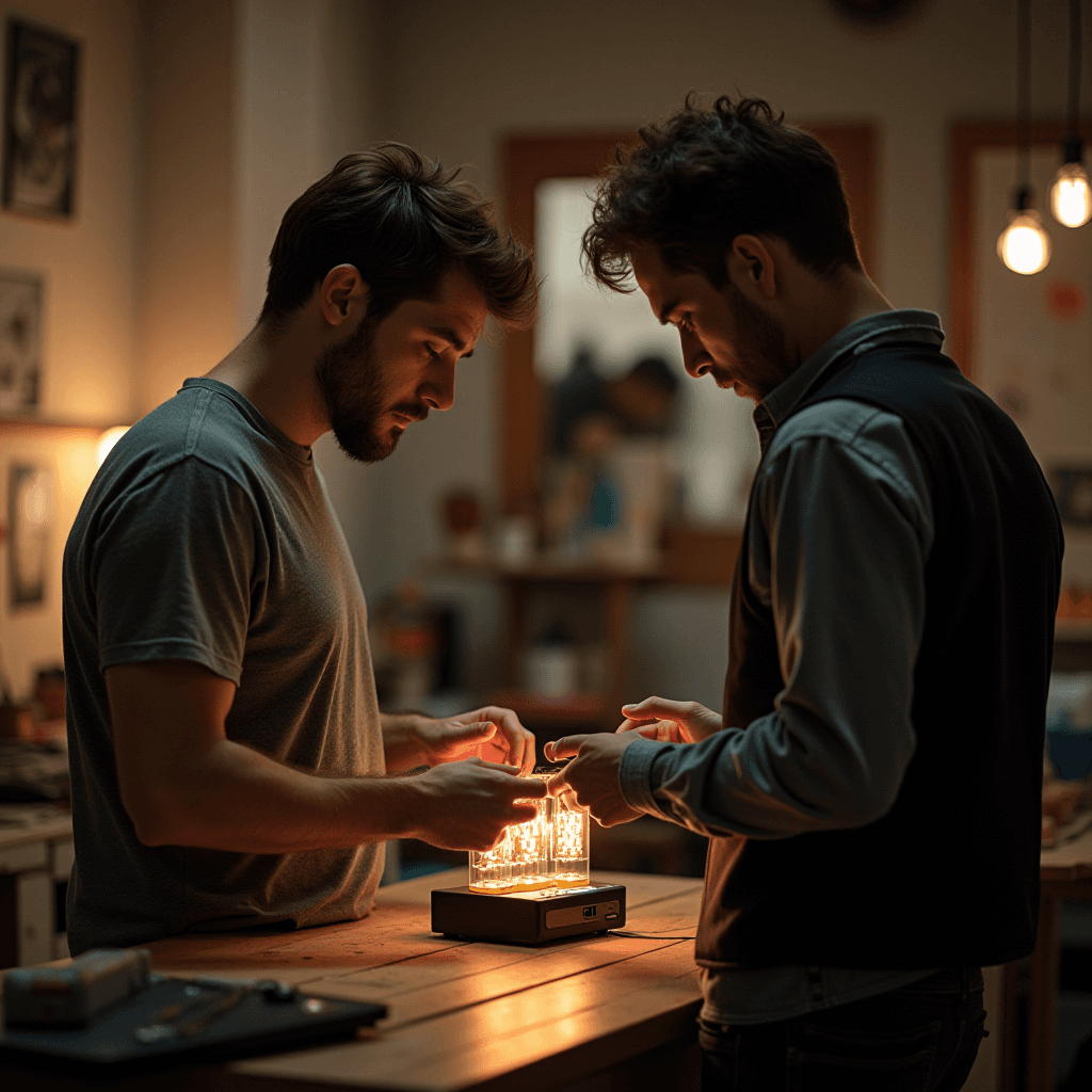 Two individuals are focusing intently on a glowing apparatus on a table in a warmly lit room.