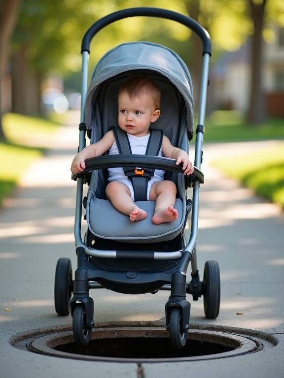 Baby sitting in stroller with front panel open revealing legs and feet. Stroller at edge of open manhole cover on sidewalk. Calm yet unaware baby contrasts peaceful surroundings with potential hazard. Background shows quiet suburban street with trees and grass under soft sunlight. Adds dramatic and unsettling element.