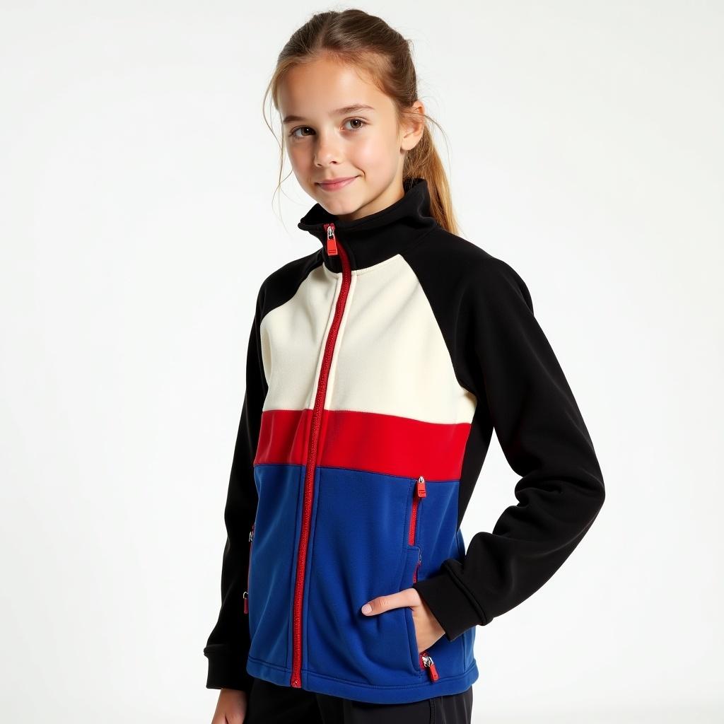 Girl poses in a stylish fleece jacket. The jacket features a color-block design with black, cream, blue, and red accents. It has a high collar and half-zip closure. Two zippered pockets blend functionality and style. Relaxed fit complements casual wear.