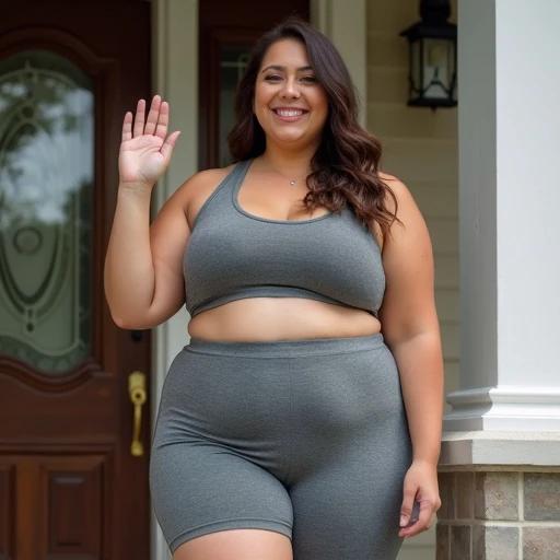 A woman stands on her porch smiling and waving. She wears a cute gym outfit. She has long brown hair curled beautifully. She has on makeup with dark lips. She looks excited as she greets her husband returning home. Her body displays an exaggerated pear shape. She is happy and confident while showcasing her style.