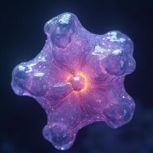 3D photorealistic rendering of a chemical structure with high detail. Features a protein trimer with a transparent lattice shell. Showcases subsurface scattering and a glowing purple rim light. Cinematic quality in 8K resolution.