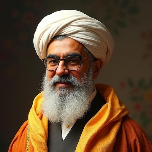 A blend of a Crunchwrap Supreme and a bearded figure in glasses with a turban. The food item features a face resembling an influential personality and displays humor with cultural attire.