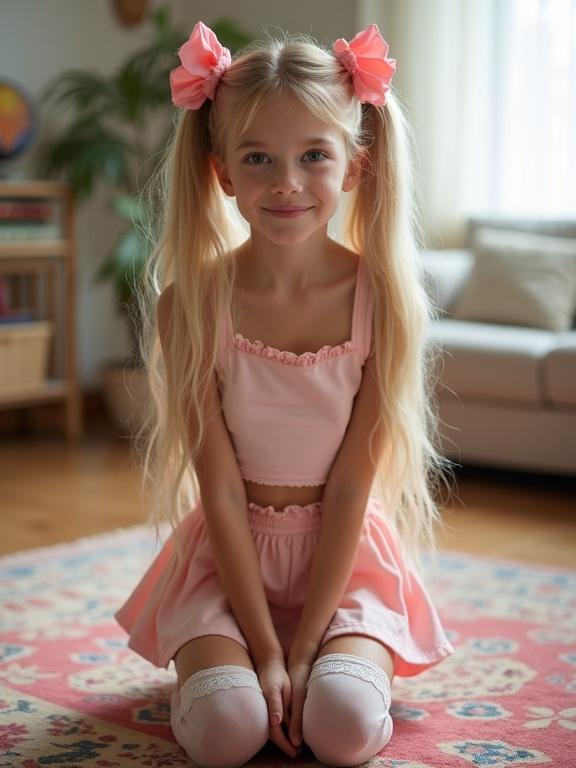 A young girl with long blonde hair wears pink bows. She kneels on a colorful rug. The living room has soft lighting. The outfit is a short crop top and a pale pink mini-skirt. Thigh-high socks with lace detail and simple black shoes complete the look.