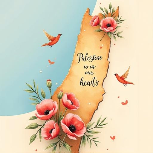 Illustrated map of Palestine with soft artistic style. Adorned with native flowers and birds around it. Elegant Arabic calligraphy with heartfelt phrases. Soft sky blue or light beige background for a calming look. Delicate and peaceful design for children's room.