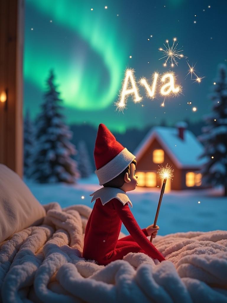 An elf on the shelf sits with its back to the viewer. The elf gazes skyward. A glowing wand emits sparkling light. The background shows a Christmas scene with colorful northern lights. A cozy house decorated for the holidays is visible. Snow covers the ground. The elf embodies the spirit of magic. The name 'Ava' is written in the air with the wand.