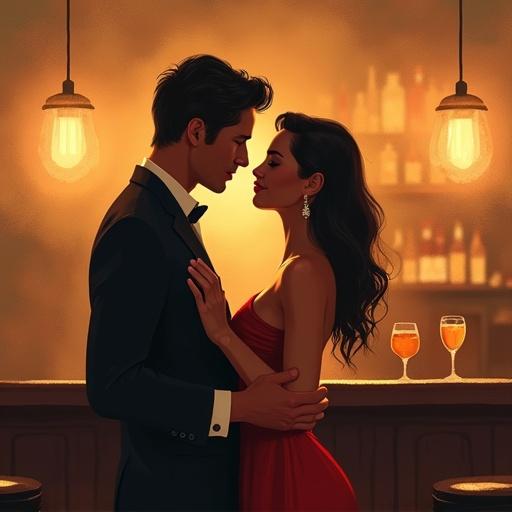 Couple dancing in a vintage inspired bar scene. Focus on their intimate embrace. Bar atmosphere with warm lights and soft textures. Painterly digital illustration style. Emphasize warm muted colors and soft brush strokes.