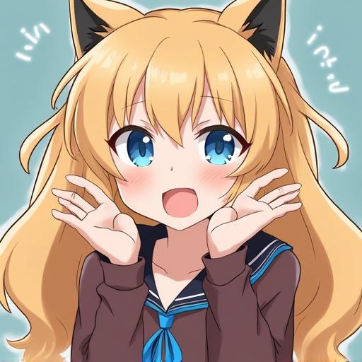 A cute anime girl character with cat ears and a playful expression. She has long blonde hair and is wearing a sailor suit. Her eyes are bright blue and she is making a cute pose with her hands up.