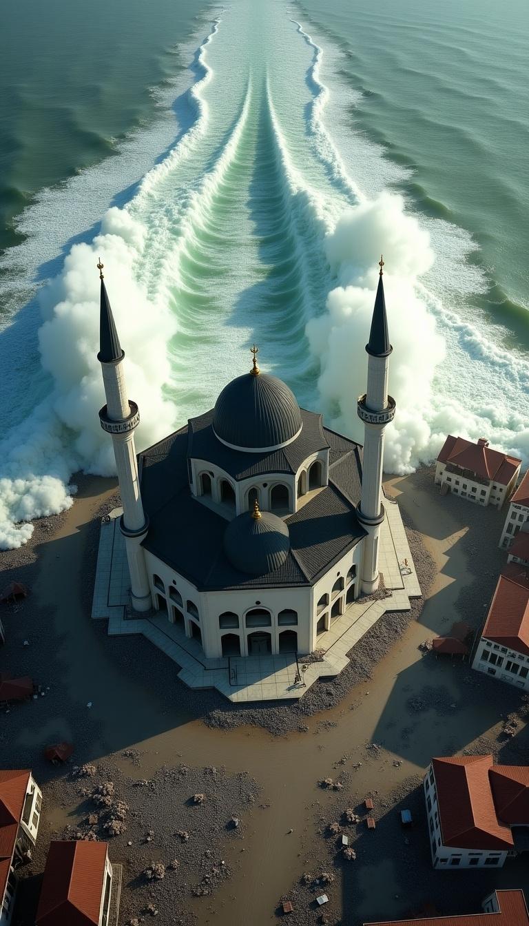 Aerial drone view of Banda Aceh during the 2004 tsunami. Waves rise higher than Masjid Baiturrahman. Waves split to spare the mosque. Surroundings show devastation with submerged buildings and debris. Contrasting mosque's beauty and surrounding chaos.