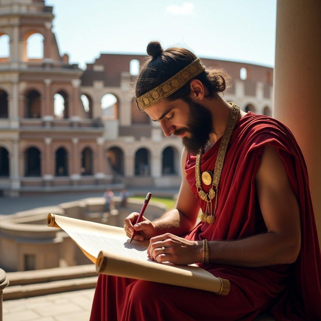 Roman scholar in red attire writing on scroll with the Colosseum behind. Natural light highlights the scene.