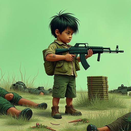 A drawing depicts a young boy in a conflict setting. He holds a machine gun while looking determined. The landscape is green with visible remnants of battle. Nearby, ammunition boxes are stacked.