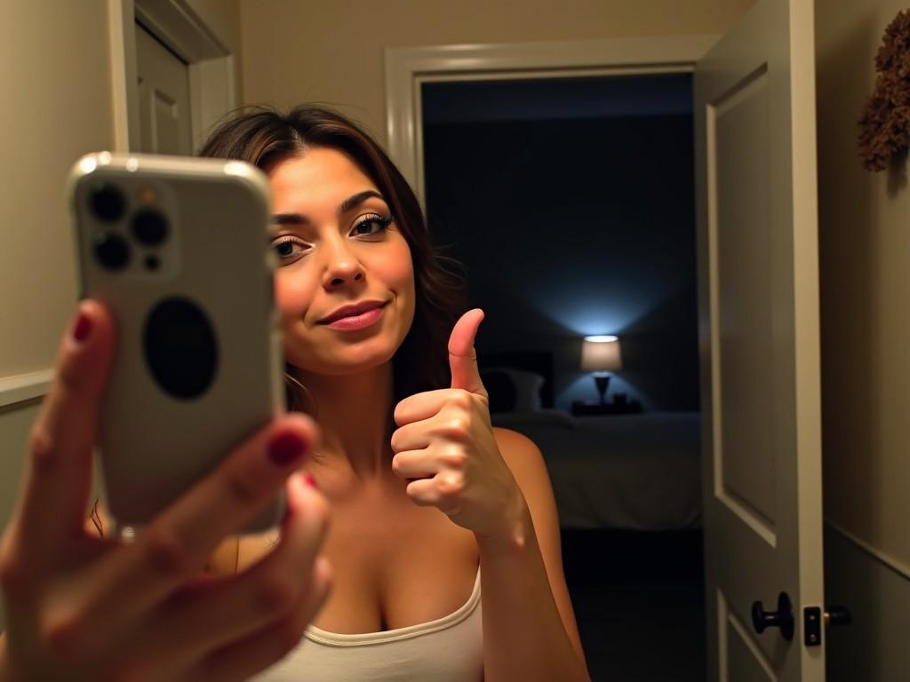 A person takes a selfie in their bathroom at night, showcasing a thumbs up hand sign with one hand. They have a similar facial expression and makeup as seen in the original photo. The phone is positioned towards the lightsource, illuminating the face. In the background, the open bathroom door reveals a dark bedroom. The atmosphere is casual, with a warm glow from the lighting.