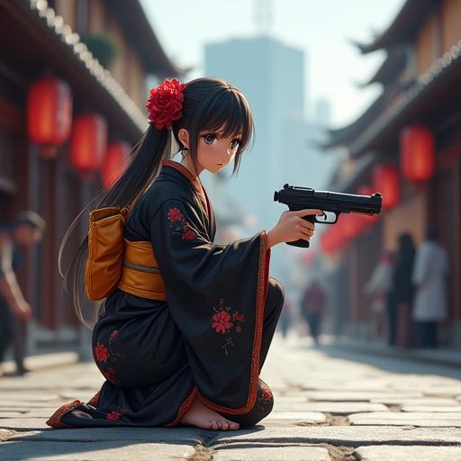 Anime style image of a young girl crouching. She wears a black kimono with gold and red accents. The kimono has floral patterns. A red flower adorns her hair. She holds a black semi-automatic pistol. The scene is set in a traditional Japanese street. Stone paving and red lanterns are visible. Traditional buildings line the street. Blurred people walk in the background. Skyscrapers can be seen in the distance. The lighting is cinematic.