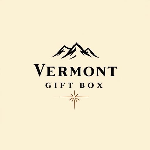 Flat vector wordmark logo centered. Elegant serif type spelling 'VERMONT GIFT BOX COMPANY'. Soft curves and tapered serifs. Crossbar of 'T' in 'GIFT' shaped like mountain ridge line. Small sun motif inside counter of 'O' in 'BOX'. Classic high-contrast black and warm sandstone colors. Minimal spacing and composition. Refined type with hidden meaning.