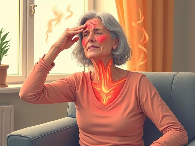 Middle-aged woman sitting at home. Experiencing a hot flash. Flushed skin on face and neck. Wiping sweat from her forehead. Warm tones in background. Heat waves rising from her body. Including visuals of hormonal changes. Illustration of hypothalamus and estrogen drop. External triggers like coffee, spicy food, warm room. Style is informative and realistic.