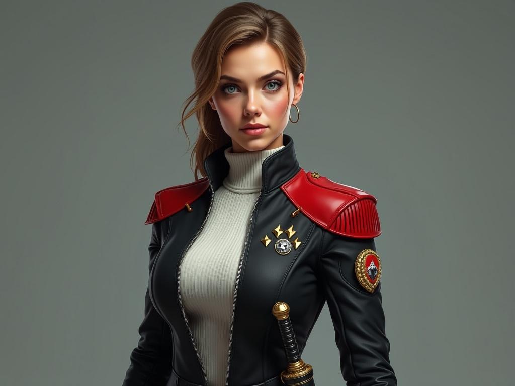 The character is depicted as a 35-year-old athletic woman with tall and realistic body proportions. She has sandy brown hair styled neatly, with darker eyebrows framing her blue-green eyes. Her expression conveys determination rather than supermodel beauty. She is dressed in a hyper-realistic sci-fi military uniform made from a tough synthetic fabric, primarily black with red accents. The jacket features a red stripe across the shoulders, with padded tops and red sides, along with cuffs that have matching stripes. She wears a white knit shirt beneath the jacket which has a flat collar and is complemented by matching pants. Both shoulders display round patches, with the left patch showing a white sword over a gold shield and the right patch featuring a three-headed gray wolf. Her rank of Captain is indicated by four small gold diamonds on her left breast, while her right breast has a comm-badge resembling a small gold shield. A functional belt secures a gold-hilted dagger in a black scabbard, highlighting the practical nature of her uniform.