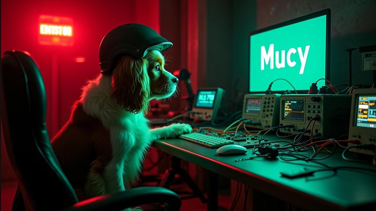 In a dark and eerie bunker, a fluffy Cavalier King Charles Spaniel is sitting in a chair, engaging with an automatic sentry gun. The dog is wearing a helmet and is surrounded by various wires and circuit boards laid out on a bench. Next to the dog, oscilloscopes and multimeters display signals. The scene captures the unusual interaction between the pet and an electronics setup. A bright red emergency alarm lights up the background, adding to the eerie industrial atmosphere, while highlighting the dog's expressive face. On the computer screen, the text 'Mucy' is clearly written in a glowing green font.