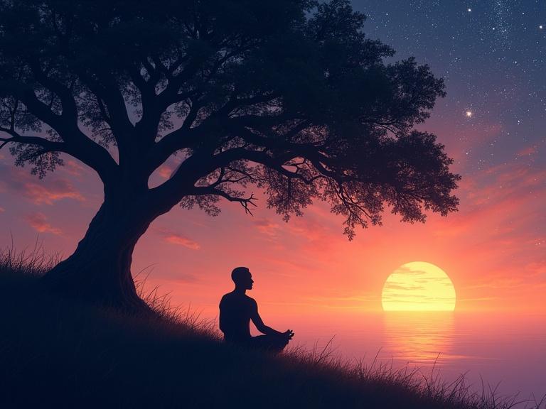Meditation scene under a starry sky. Person sitting beneath a large tree. Sunset creating a beautiful atmosphere. Realistic illustration. Warm and cool colors. Vertical orientation.