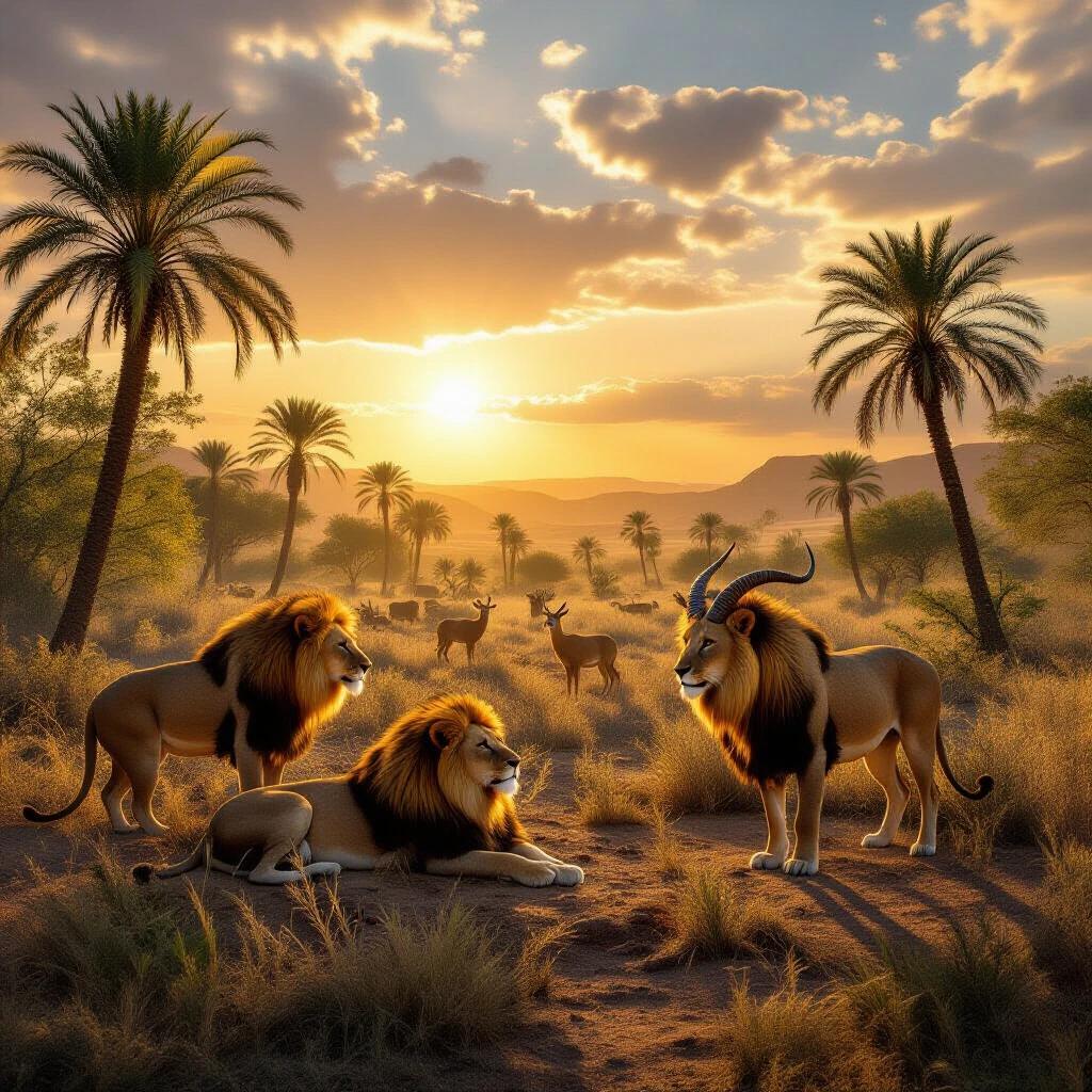 Hyper-realistic depiction of Mesopotamian wilderness featuring lions and gazelles under a sunlit sky. Rich textures showcase the dramatic landscape. Lighting creates a cinematic effect.