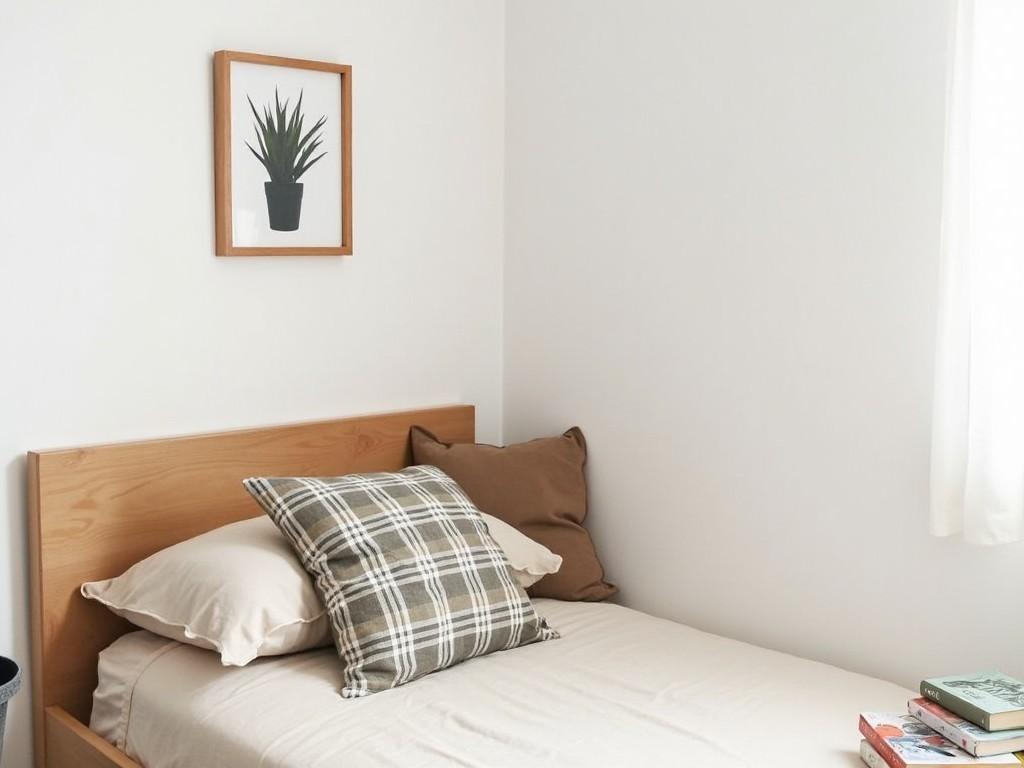 The image shows a cozy bedroom corner with a simple, minimalist design. There is a single bed with a wooden headboard. The bed is covered with a plain light-colored bedsheet and has a plaid pillow and a small brown cushion. Above the bed, a framed picture of a potted plant adds a touch of nature to the white walls. A stack of books lies next to the pillow, suggesting a comfortable reading space.