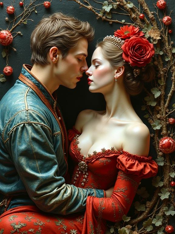 A romantic and intimate moment between a man and a woman. The man has a muscular build. The woman is adorned with roses in her hair wearing a red gown. The background has natural elements like twigs and berries. Influences include encaustic mixed media.