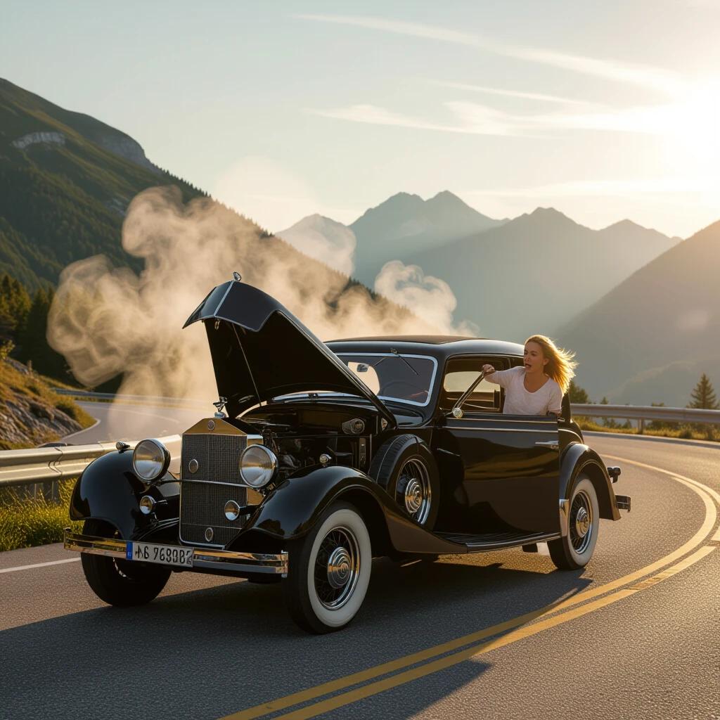 A classic 1928 Mercedes car broke down. The hood is open and steam is rising. A woman looks concerned as she sits in the car. The scene is set on a scenic mountain road during golden hour light.