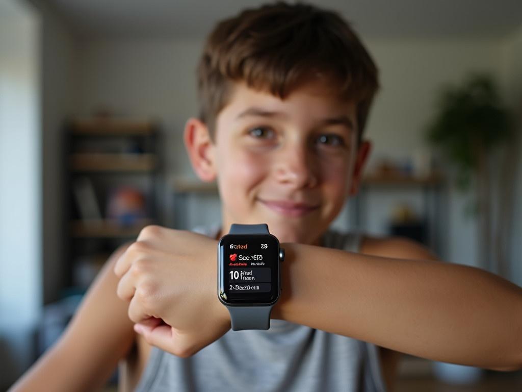 A young person is holding their wrist up to showcase a smartwatch. The watch display is clearly visible, showing various fitness metrics such as heart rate and steps taken. The person is inside a room, as indicated by the walls and furniture in the background, which includes shelves. The individual is dressed casually in a sleeveless shirt. Soft lighting is present, highlighting the features of the watch and the person's arm.