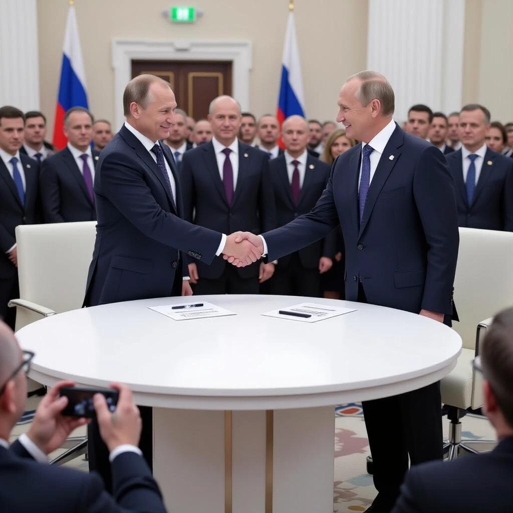Two political leaders shake hands each other. Attendees watch around. Formal setting with flags. Serious negotiation atmosphere