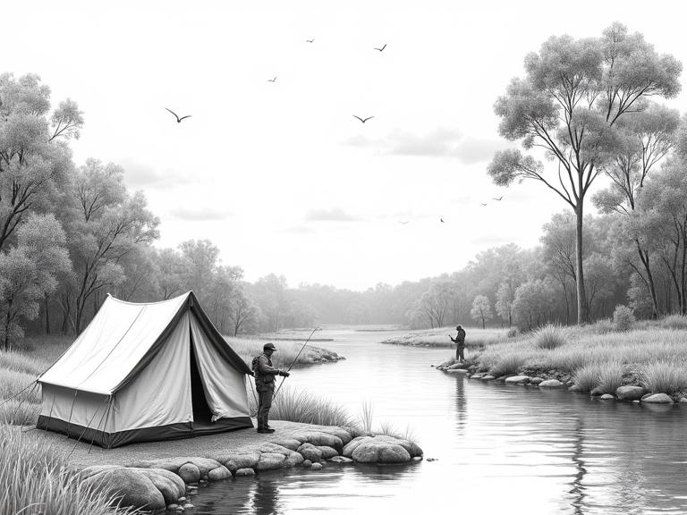 Hyper realistic camping scene with tent and a man fishing by river in Australian bush setting. High contrast black and white image with small clouds in the sky. Suitable for laser engraving.