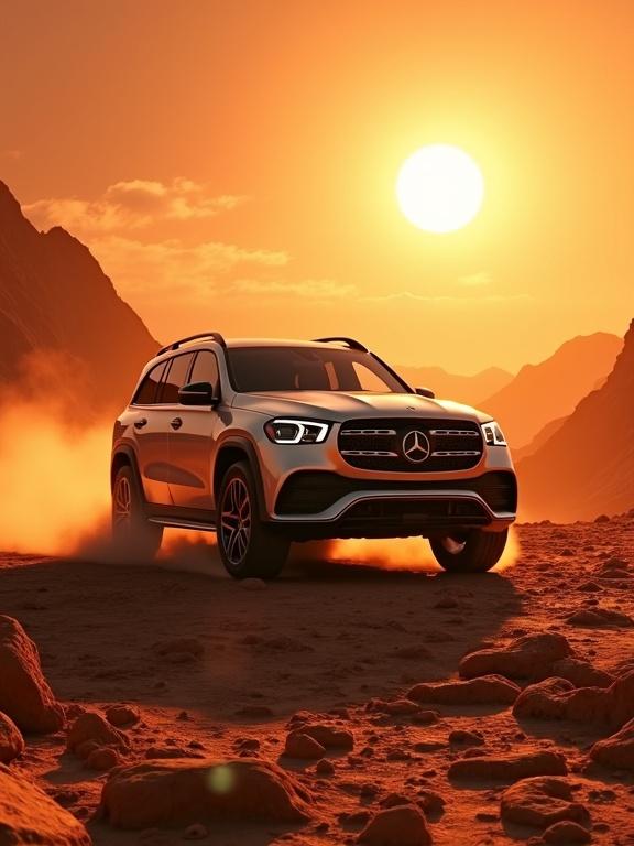 Scene shows a Mercedes-Benz SUV driving across a rugged landscape. The vehicle is in focus with a sunset background. Dust clouds rise from the terrain. Bright sun highlights the vehicle's features. Epic music suggests adventure.