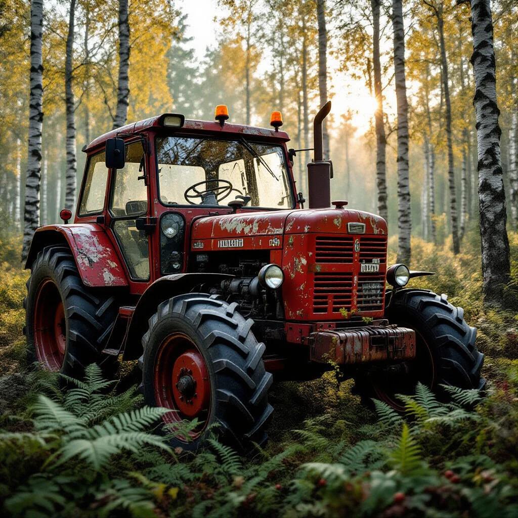 A giant abandoned Soviet Kirovets K-700 tractor sits in a dense birch forest during early autumn. The scene captures hyper-detailed decay with a cracked windshield and peeling red paint. Moss grows on the engine block while vines entangle the wheels. Overgrown ferns and wild strawberries surround the massive tires, while sun rays pierce through fog, creating a golden hour glow.