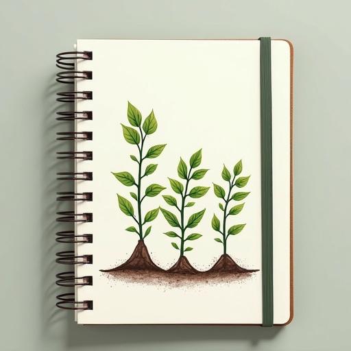 Notebook illustration with plants growing from the soil. Captures branding for eco startup. Clean and minimalistic style.