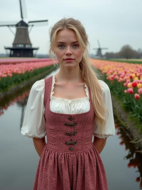 The image shows a young woman in traditional Dutch clothing standing by a canal. She is surrounded by tulips with windmills in the background. The woman has blonde hair and blue eyes. She has her hands behind her back and her hair tied. The setting is serene and captures Dutch culture.