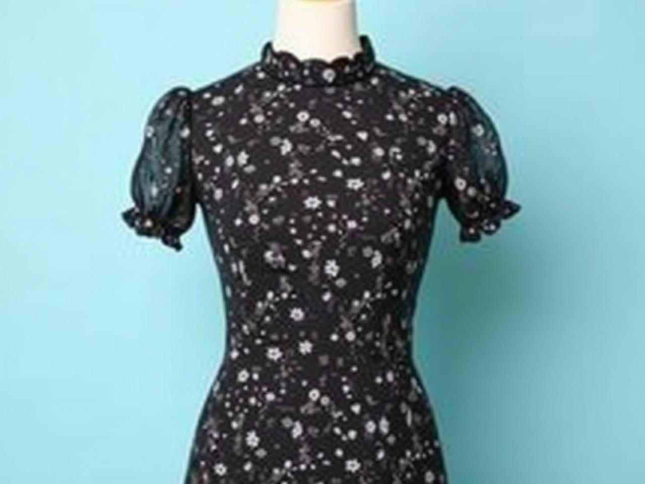 The image shows a black dress displayed on a mannequin. The dress features a floral pattern with small white flowers scattered throughout. It has a high neckline and puffed short sleeves, creating a feminine silhouette. The fabric appears to be lightweight and flowy, ideal for warm weather. The background is a soft blue, which contrasts with the dark color of the dress.