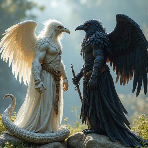 Two gods embodying life and death. One god of life radiating peace, holding a weapon of light. The other god of death exuding darkness and power, holding his deadly weapon. Their spirits are present: a white snake with wings beside the god of life, and a terrifying raven beside the god of death.