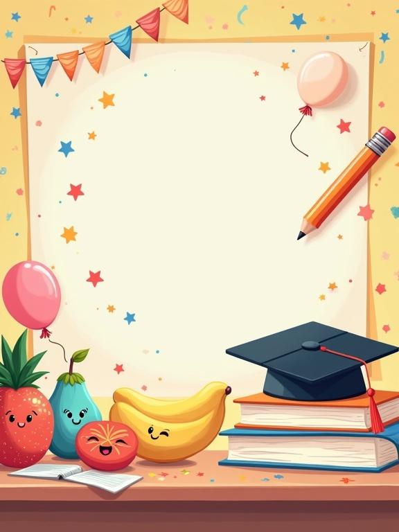 Cartoon style study desk features cute books and smiling fruits. Pencil dances around along with confetti and balloons. Graduation cap with expressive eyes rests on the desk. Drawn in flat 2D vector style. Playful poster layout created in pastel colors.