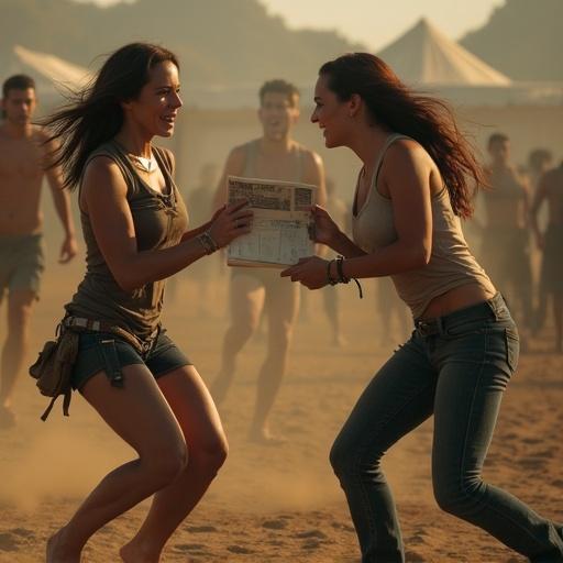 Two women engage in a dynamic tug of war. One holds a newspaper resembling a book. They are on a sandy surface with people in the background. Warm lighting sets a dramatic scene.