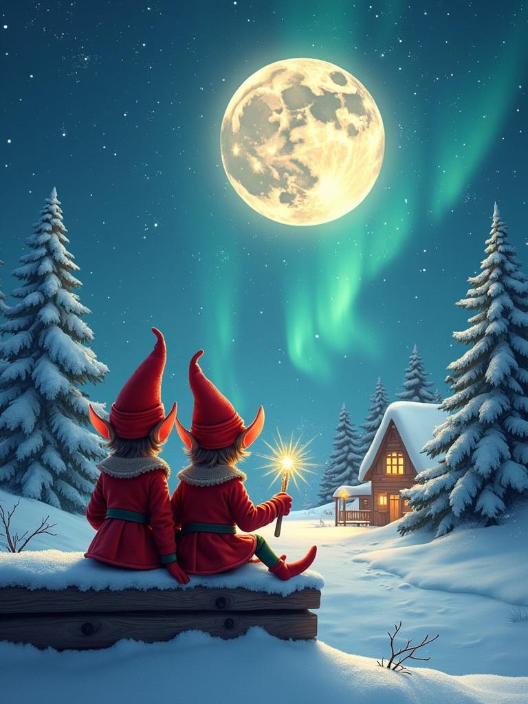 Two elves sit in the snow looking at the full moon. Scene has a dreamy North Pole atmosphere. One elf holds a wand that writes names in the sky. Background has charming houses, evergreen trees, and Northern Lights. Scene captures magic and Christmas cheer, with 'Goodbye Grayson & Carter' written in the sky.