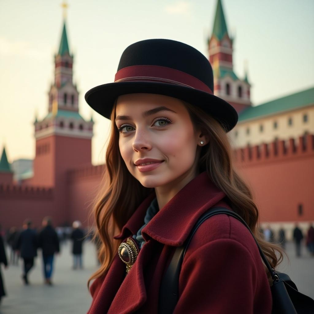 Portrait of a young girl with an elegant hat and stylish coat in front of Moscow Kremlin. She smiles confidently at the camera. The Kremlin's Spasskaya Tower, crenellated walls, and intricate brickwork are visible in detail behind her. The lighting is soft and warm, highlighting her features and the architecture as it reflects autumn colors.