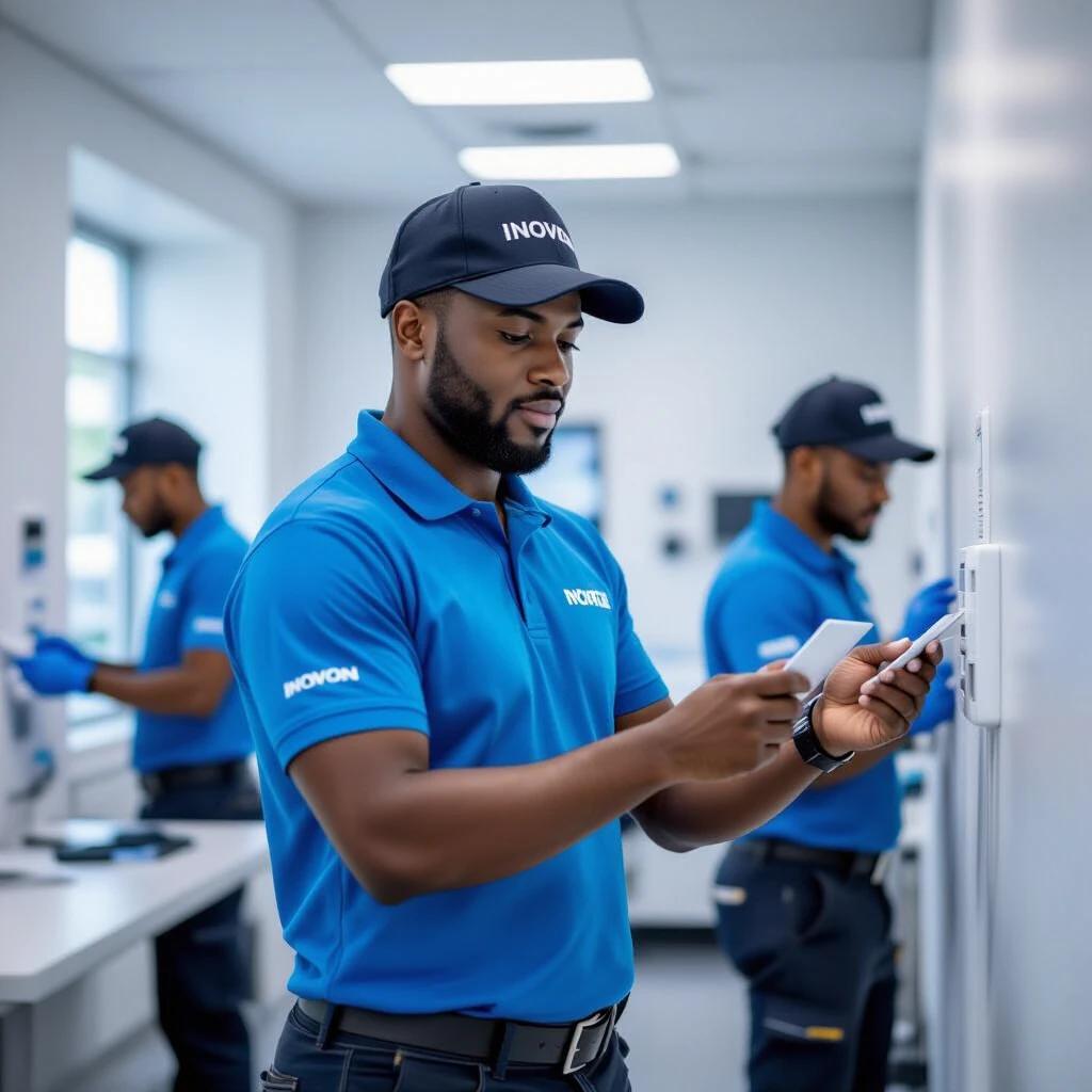 A focused African technician wearing a blue polo t-shirt with INOVON text is installing a security system. Team members are working in the background. The office environment is bright and calm. The atmosphere is serious and professional.